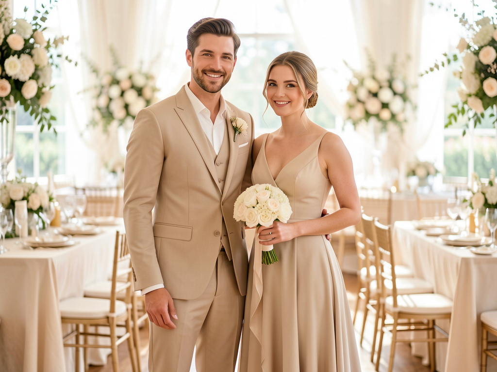 Idées de tenues invité mariage beige pour homme et femme élégantes